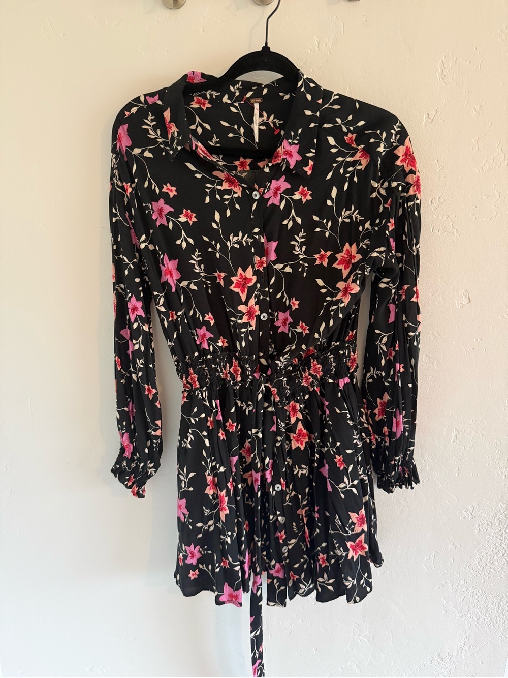 Free People Lighten Up MiniBlack Floral Long-Sleeve with Pink Accents - Picture 6 of 9